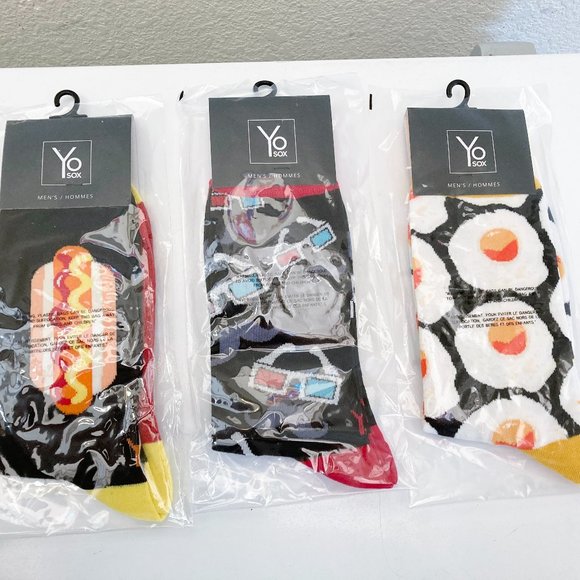 NEW YO SOX Bundle 3 Pairs Mens Fun Socks Eggs Hot Dog Movie Night 3D Glasses - Picture 1 of 6